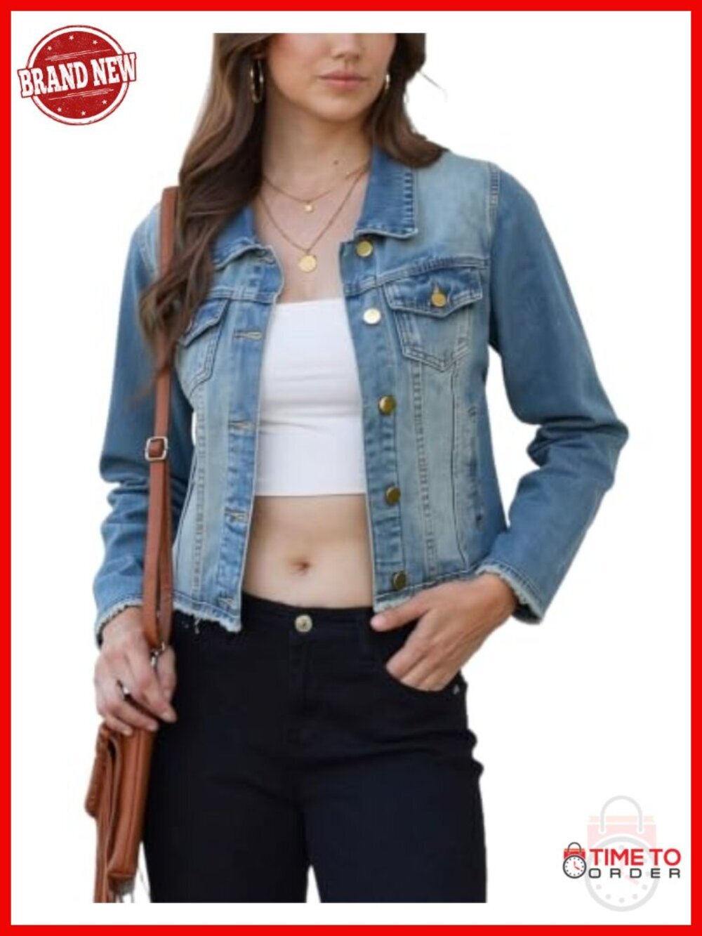Cropped Frayed Button Up Denim Jacket with 2 Side Pockets